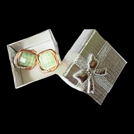 Vintage 2000s 14K Gold-Plated Stud Earrings with Large Green Square Crystal & Small Diamond Accents