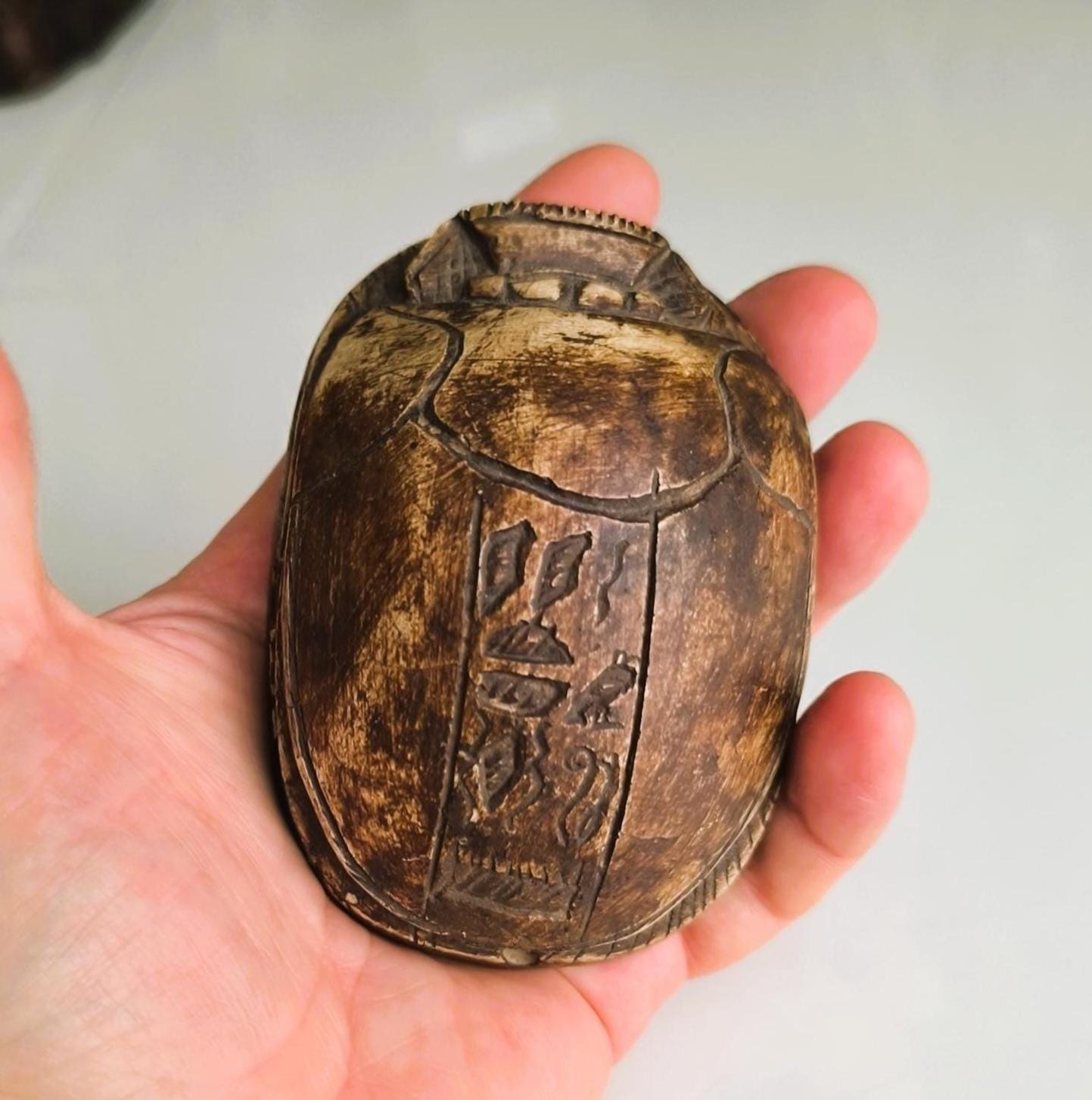 Carved Brown Stone Egyptian Scarab Beetle with Hieroglyphics, 1970s