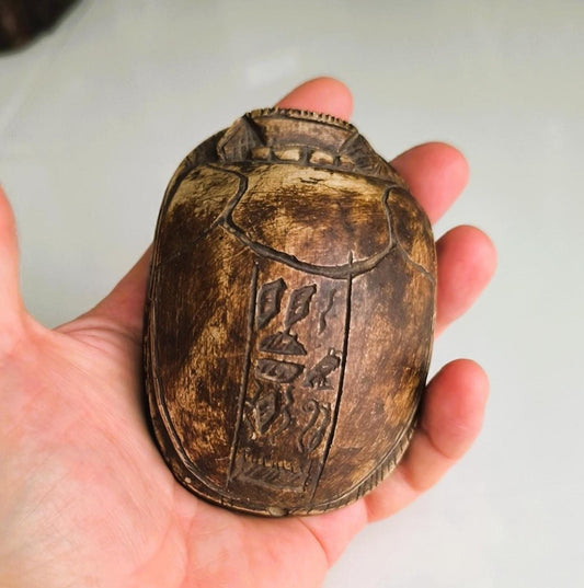Carved Brown Stone Egyptian Scarab Beetle with Hieroglyphics, 1970s