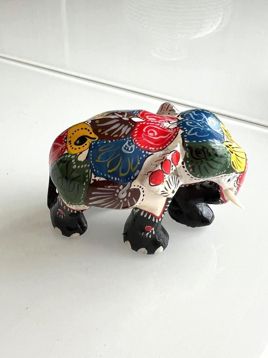 Hand Painted Wooden Elephant Figurine Ornament 1980s
