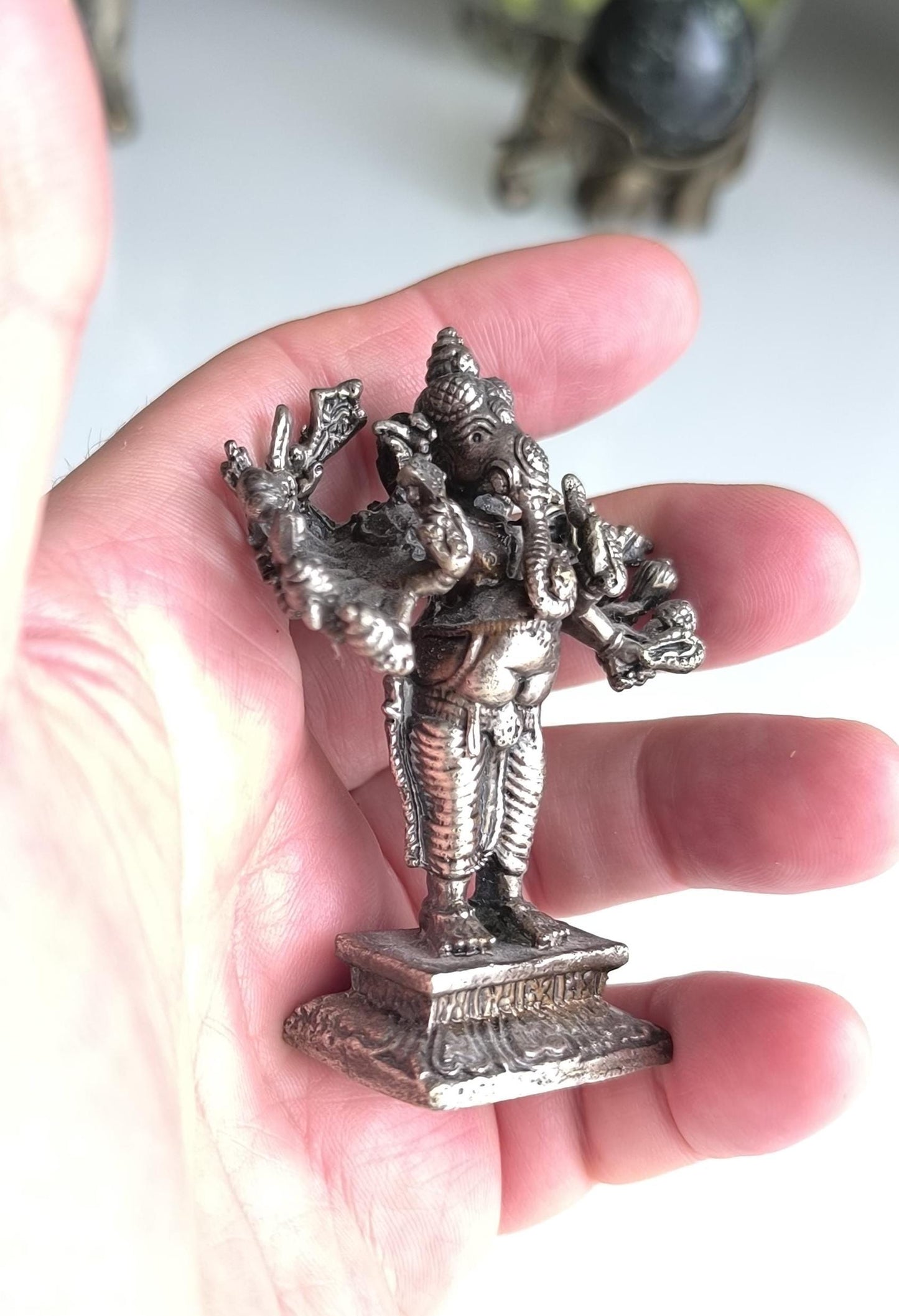 Bronze Silver Tone Small Ganesha Statue with Many Hands – Hindu Elephant Deity, 1970s