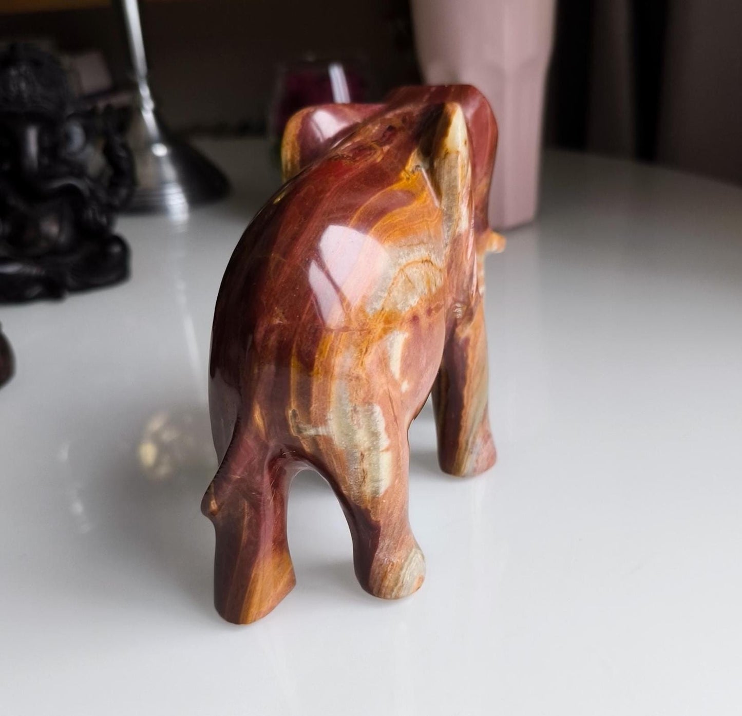 Vintage Handcrafted Onyx Elephant Sculpture, Brown & Green Stone, 16 cm, 1980s