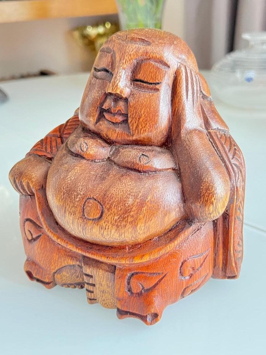 Brown Wood Sitting Buddha Hand-Carved Figurine 1980s