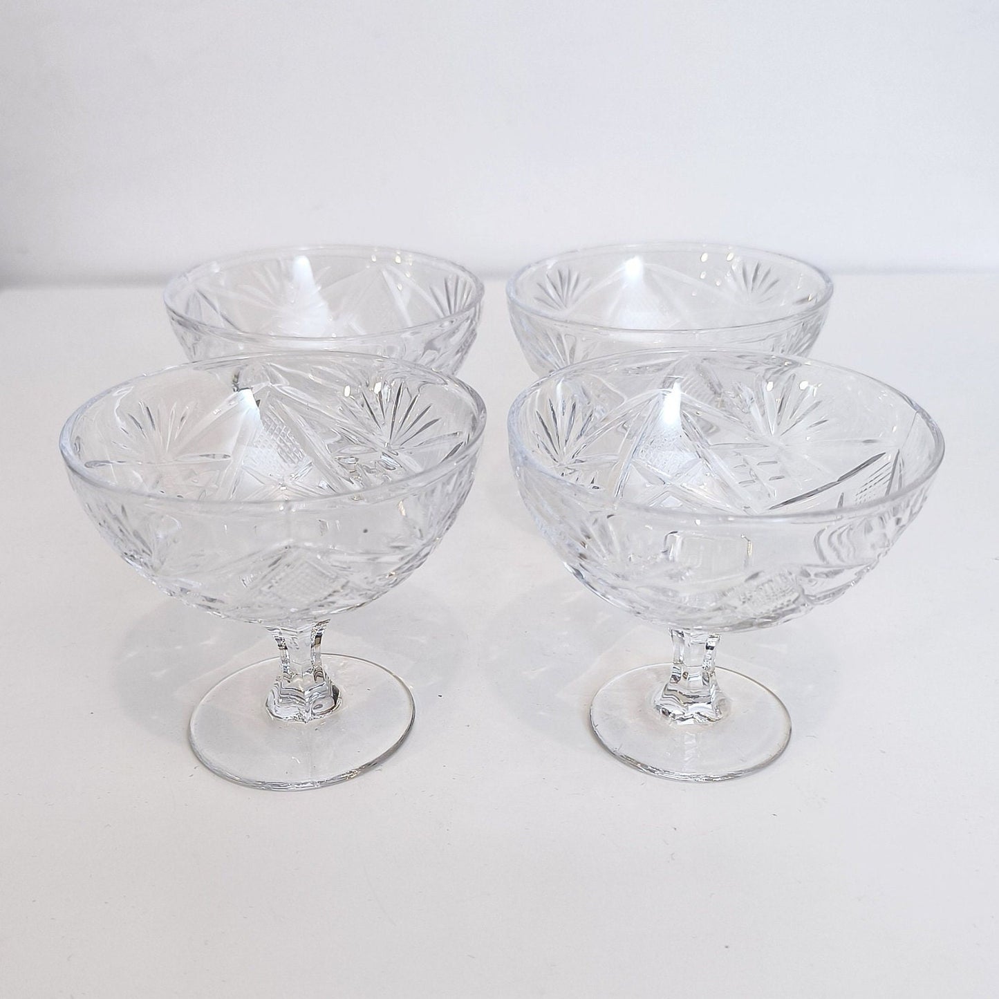 Set of 4 Sparkling Wine Glasses. Vintage Ice Cream Cups. Pressed Glass Crystal Dessert Cups, Made in Soviet Union, 1970s