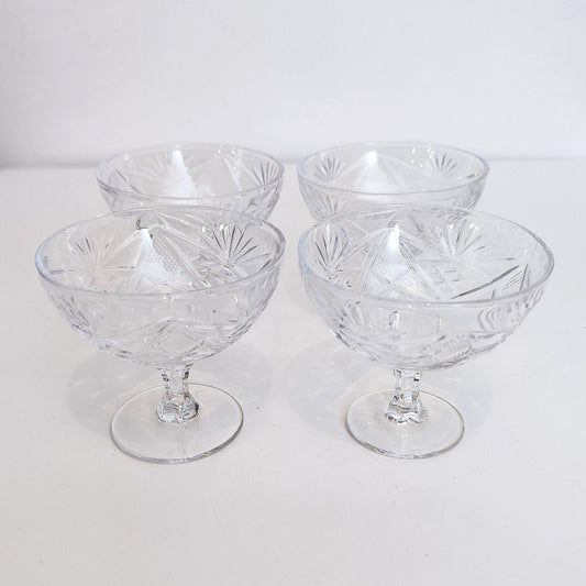 Set of 4 Sparkling Wine Glasses. Vintage Ice Cream Cups. Pressed Glass Crystal Dessert Cups, Made in Soviet Union, 1970s