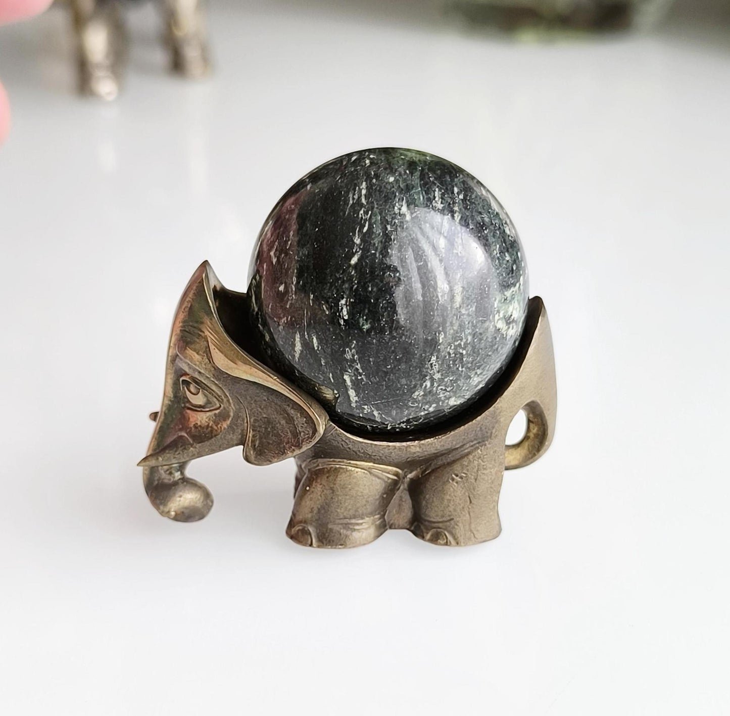 Small Bronze Asian Elephant Statue with Esoteric Black Stone, 1980s