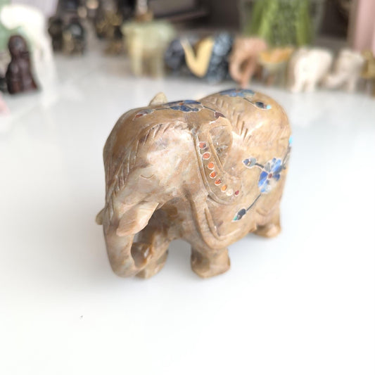 Hand-Carved Asian Elephant Statue with Inlaid Colored Stones, 1980s