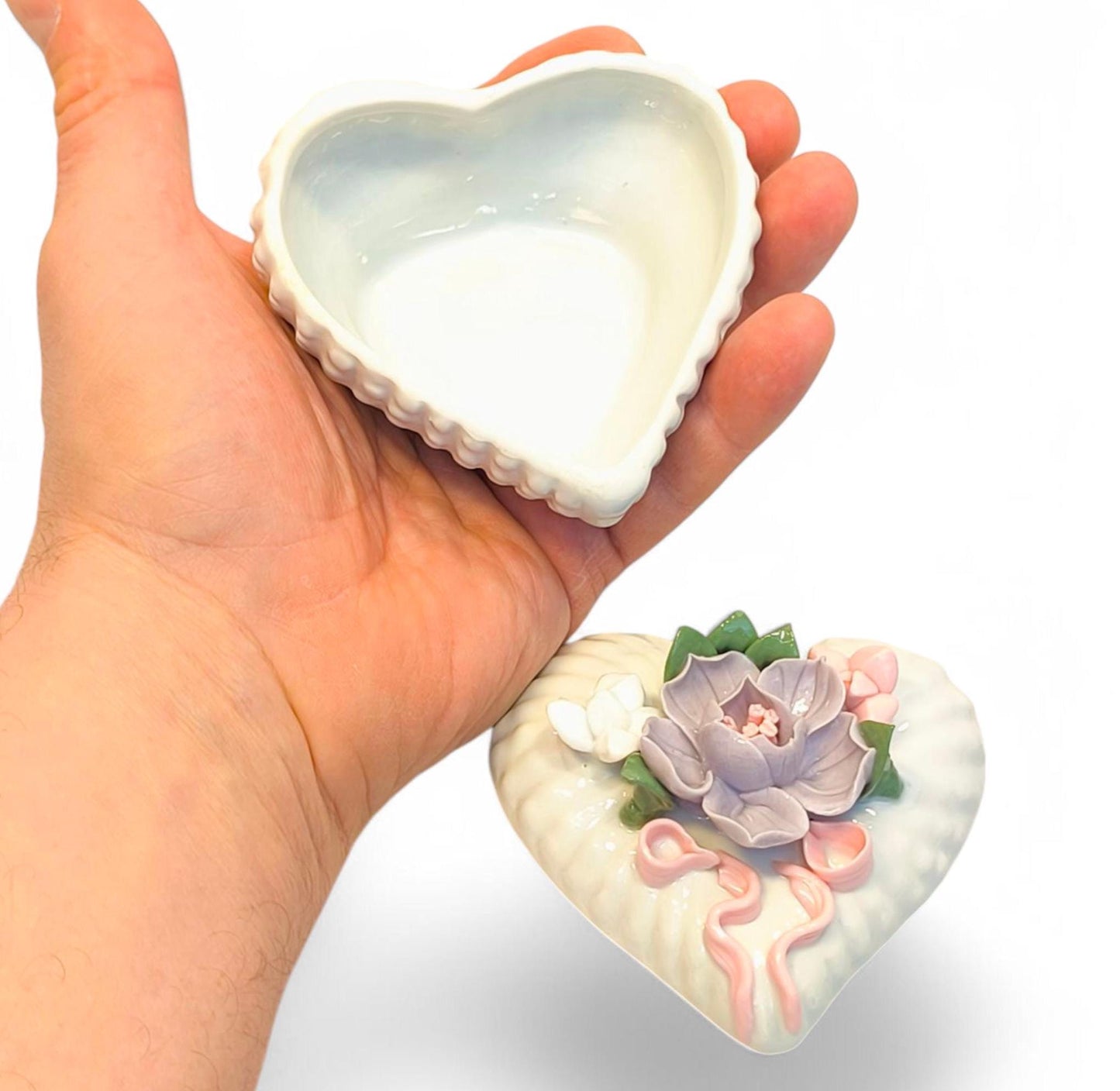 White Porcelain Heart-Shaped Trinket Jewelry Box with Flower, 1980s