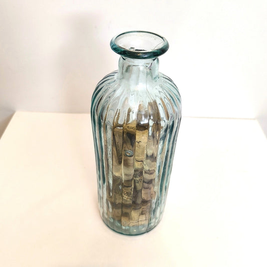 Aqua Ribbed Glass Vase: Vintage Wine Cork Decor Bottle