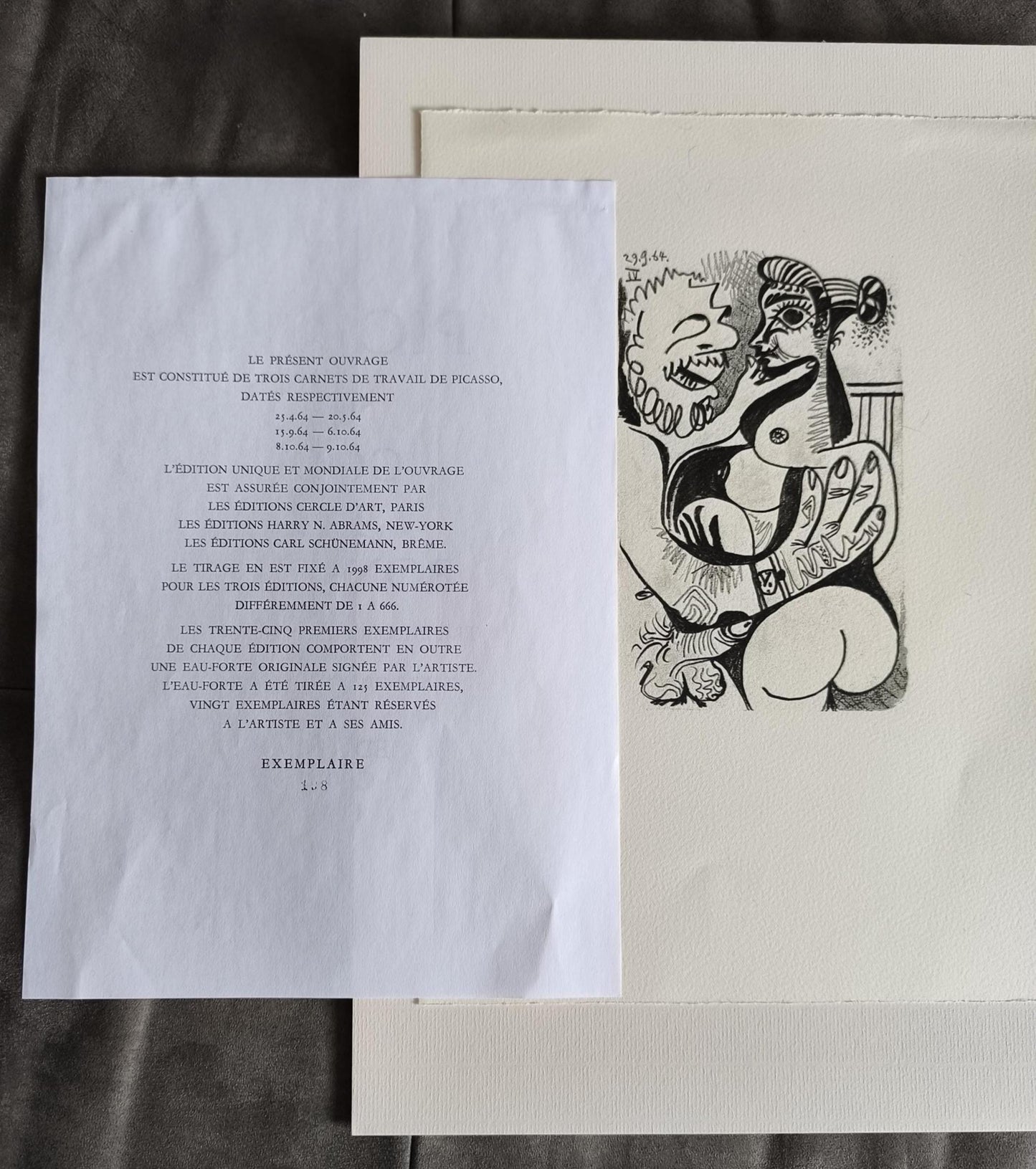 Pablo Picasso Lithograph 3 No.198/666, "Le Gout du Bonheur", Arches Paper 1964, Unframed