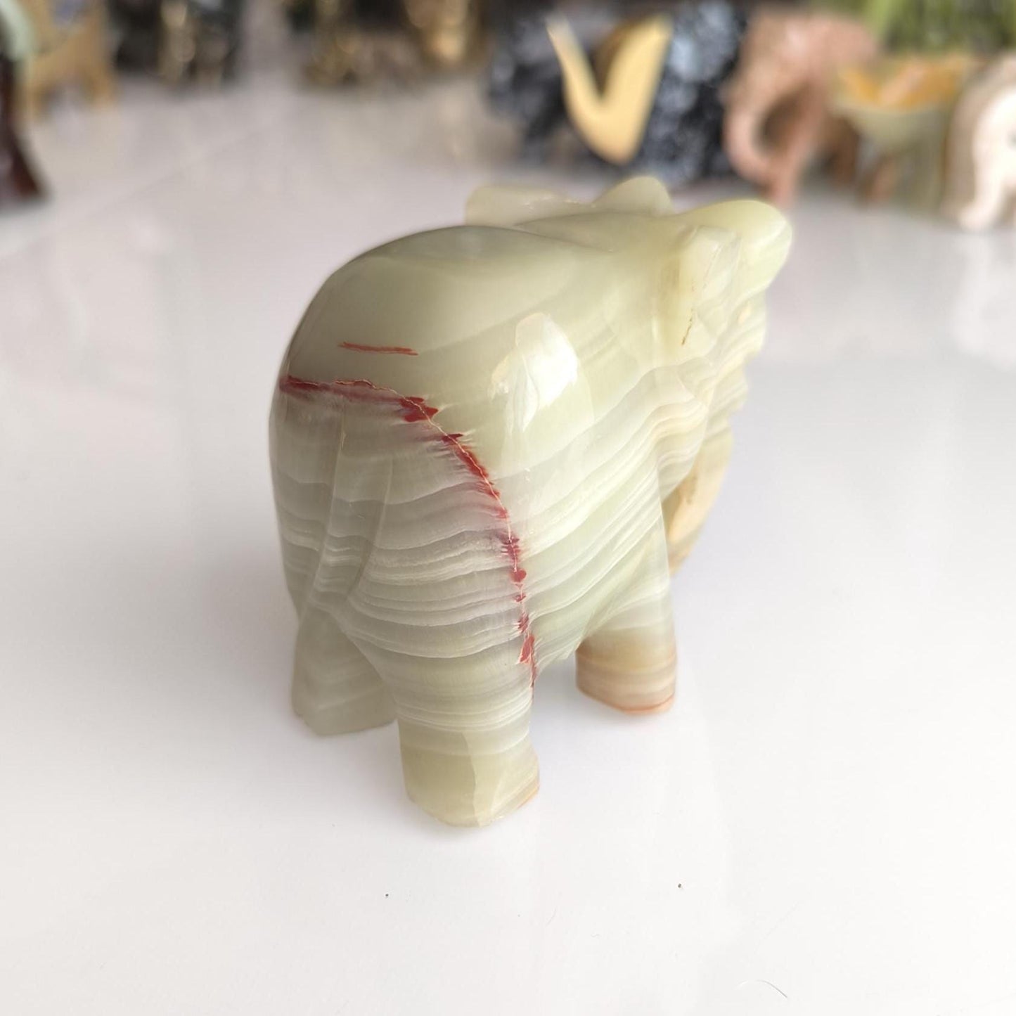 Handmade Heavy Light Green Onyx Elephant Statue with Gray Streaks, 1980s