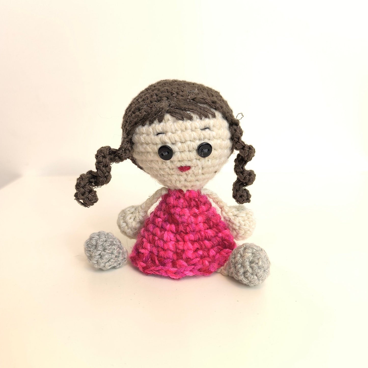 Handmade Knitted Doll, Girl with Dark Hair, Red Dress, Gray Shoes, Collectible Doll