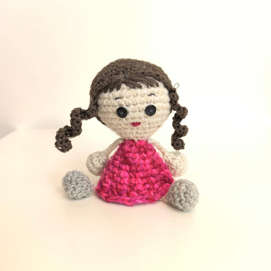 Handmade Knitted Doll, Girl with Dark Hair, Red Dress, Gray Shoes, Collectible Doll