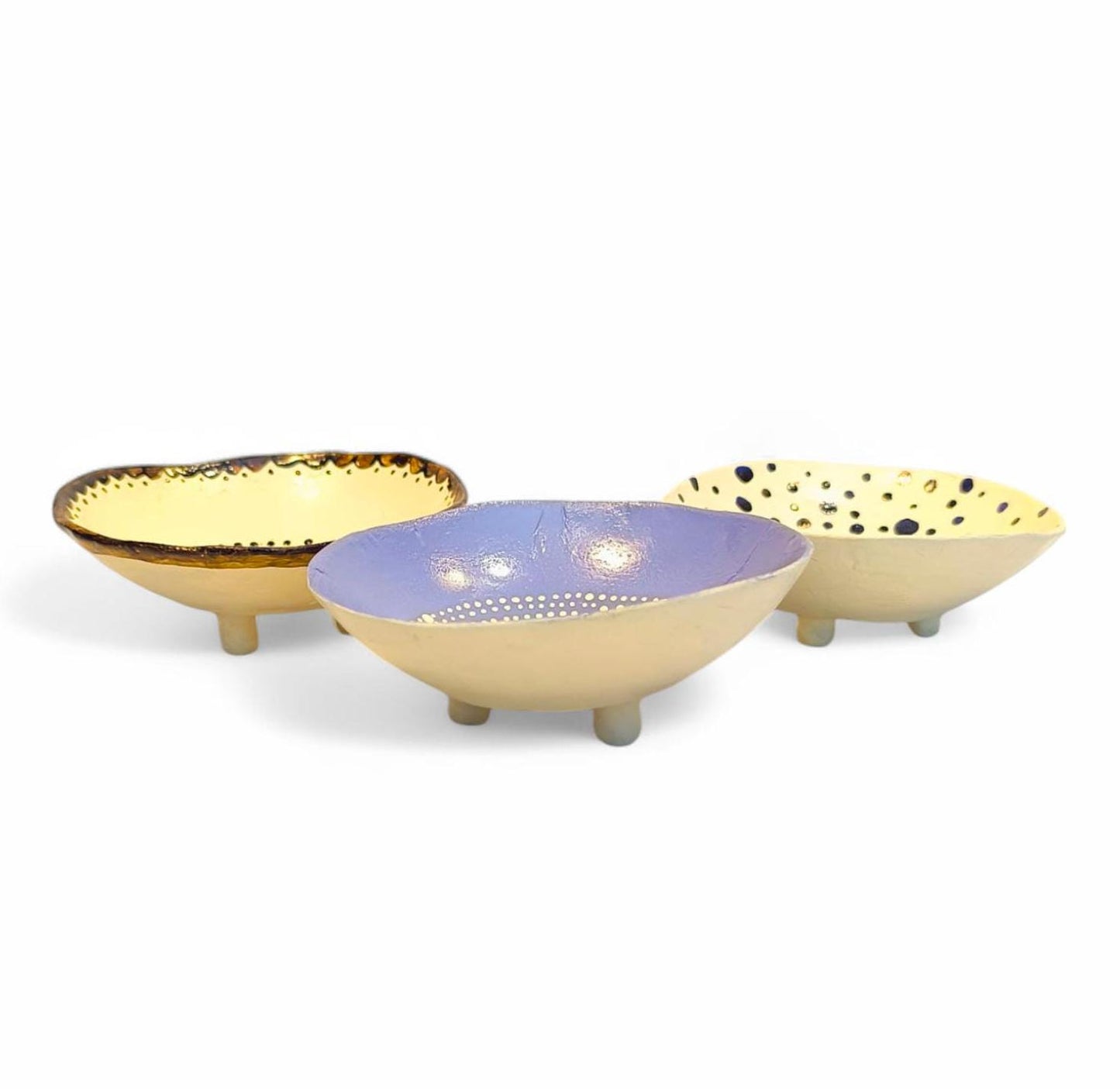 Three Handmade Coconut Shell Bowls on Legs, Hand-Painted, Ceramic Faces