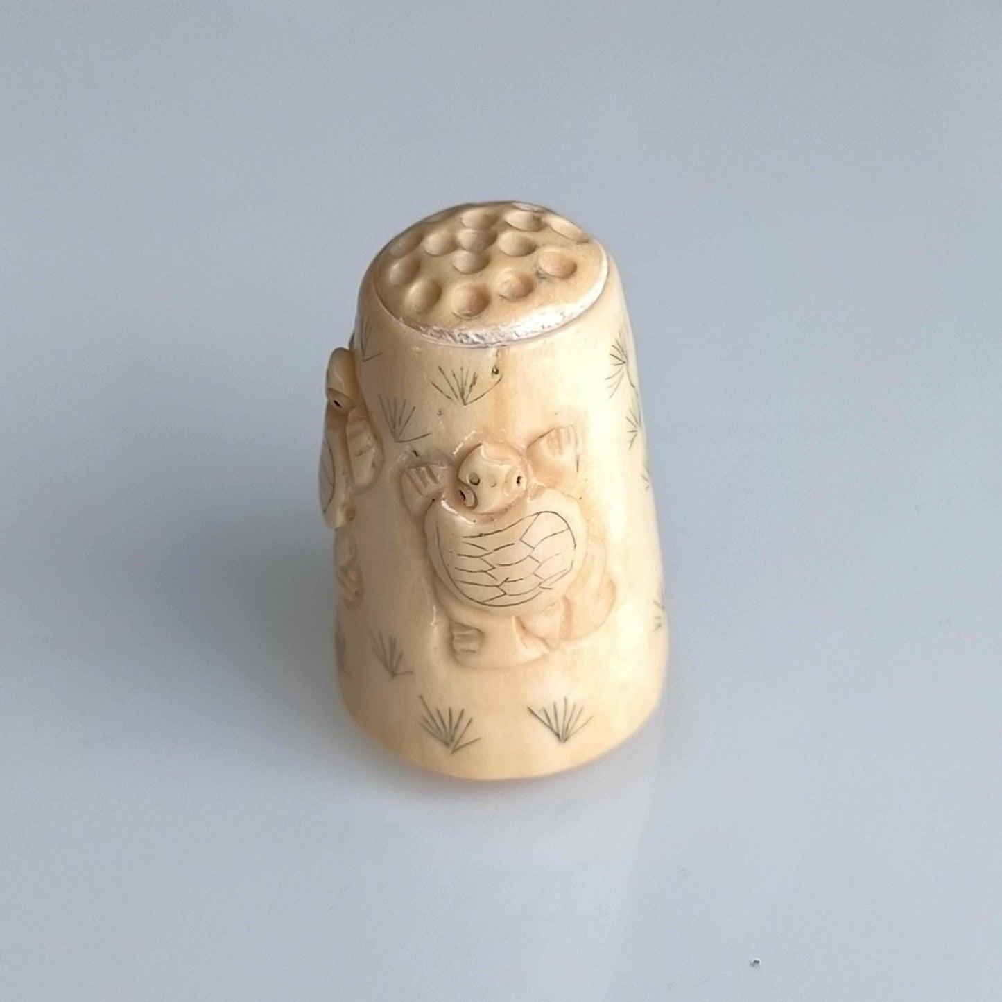 Hand Carved Stone Thimble with Turtle Figurine, 1960