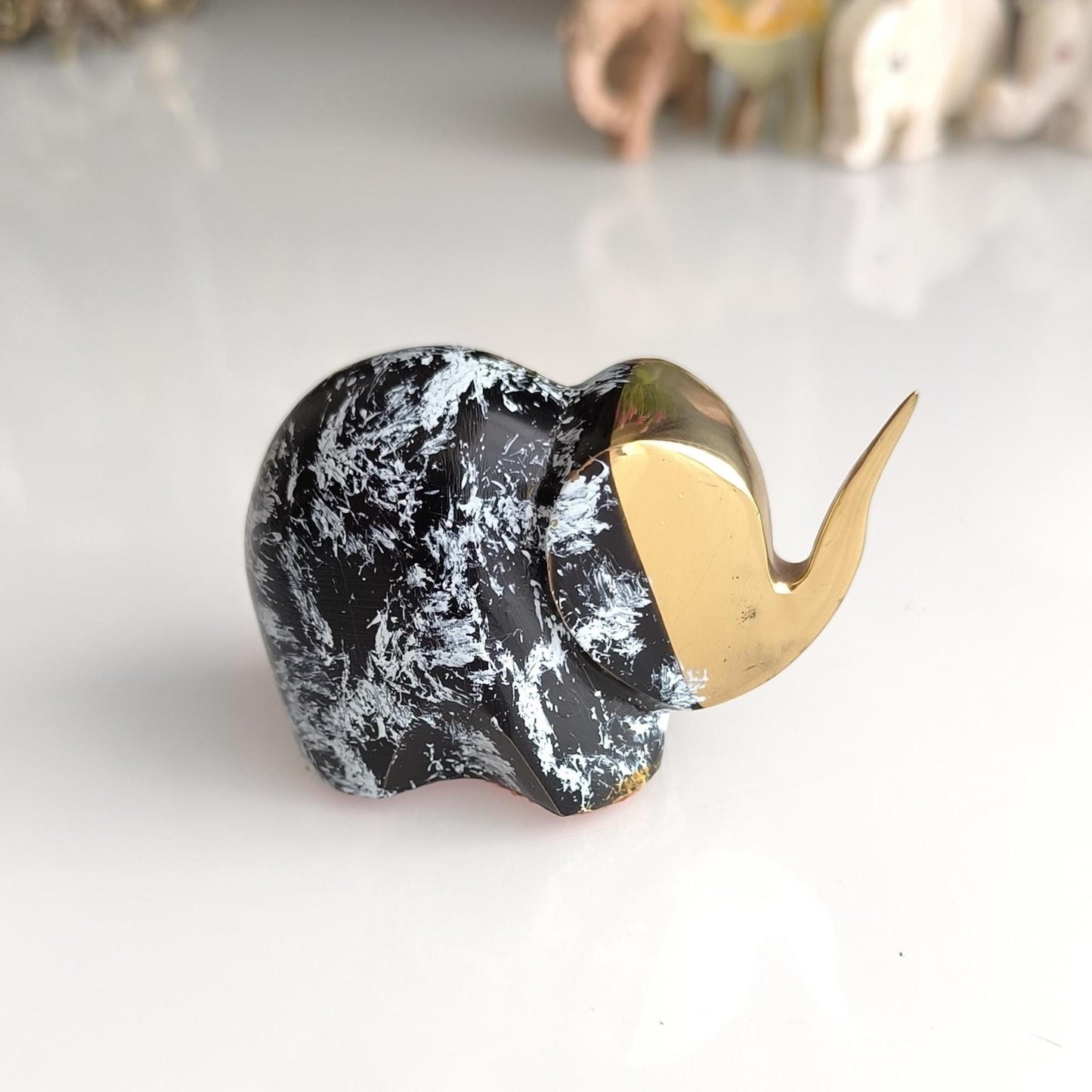Handmade Small Black Elephant Statue with White Accents and Gold Head, 1980s