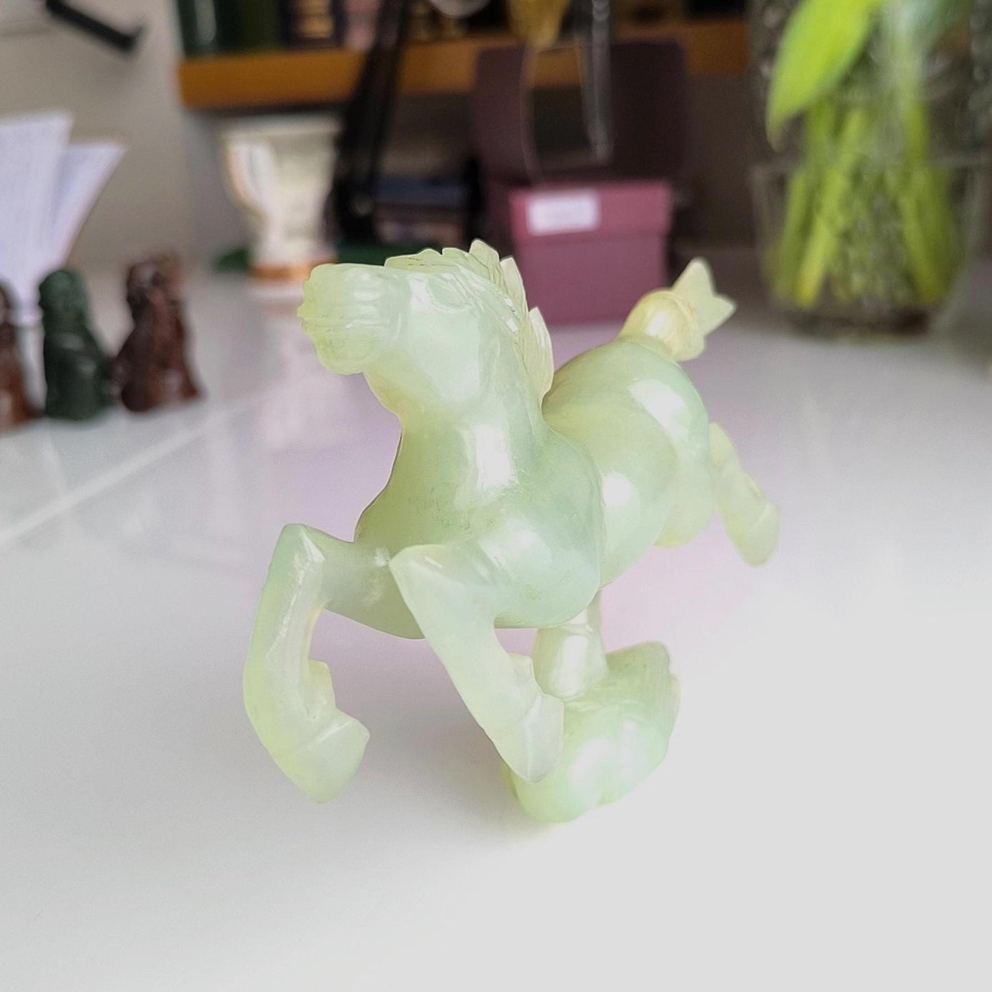 Handmade Light Green Jade Galloping Horse Statue on Bird Base, 1970