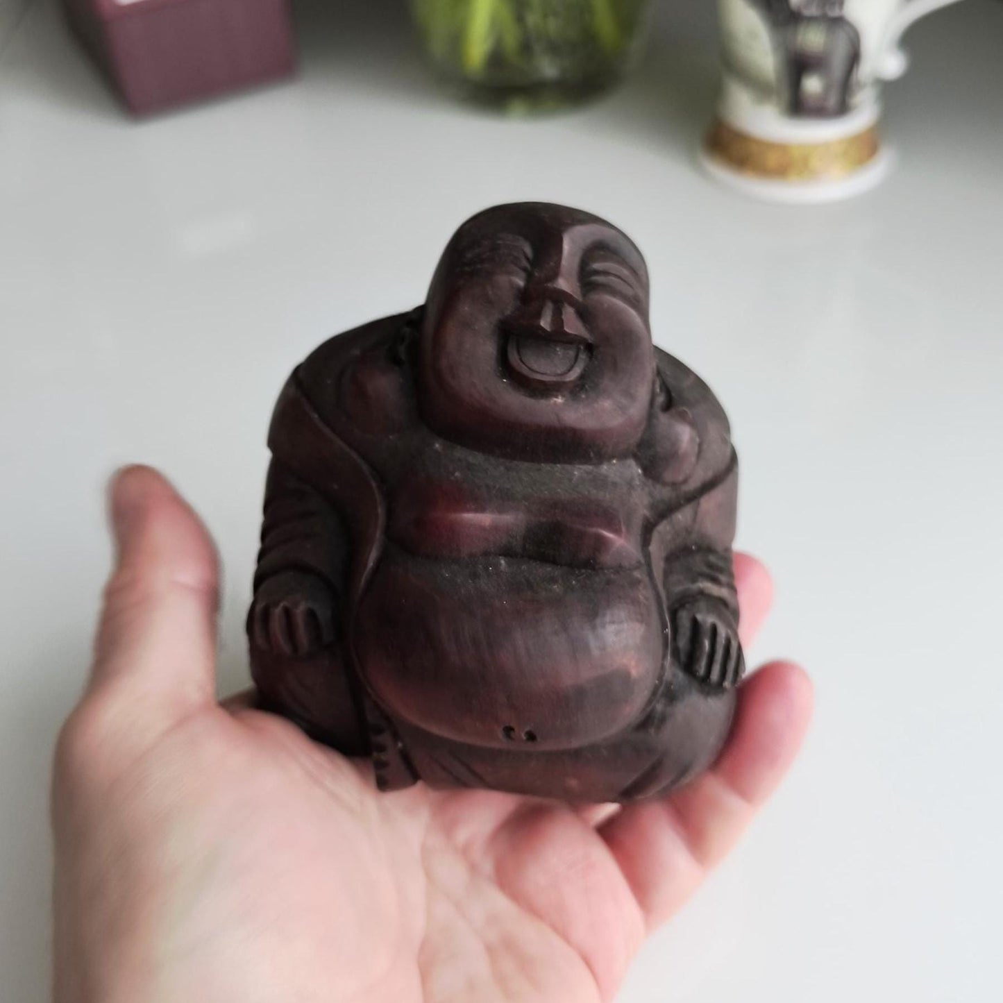 1970 Handmade Wooden Painted Brown Carved Sitting Buddha