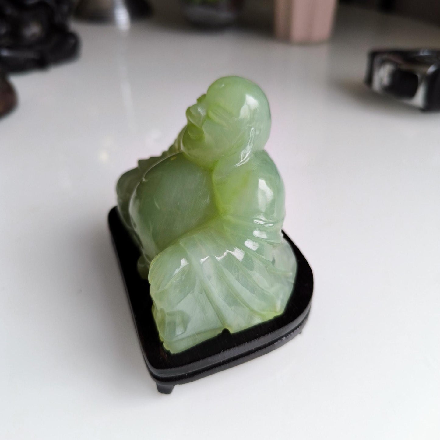 Green Nephrite Jade Carved Buddha Figure on Wooden Base, 1970