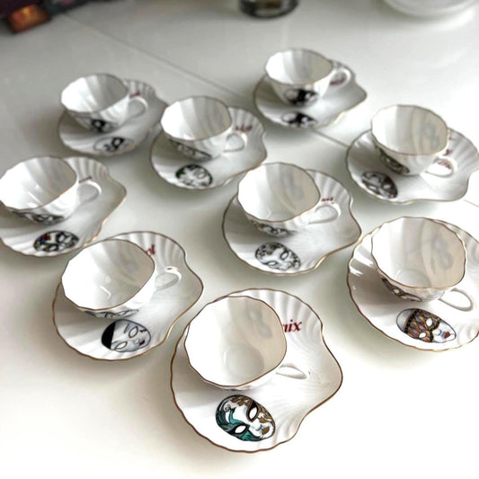 Ancap Verona Porcelain Espresso Cup Set Masks Italy 9 Pieces