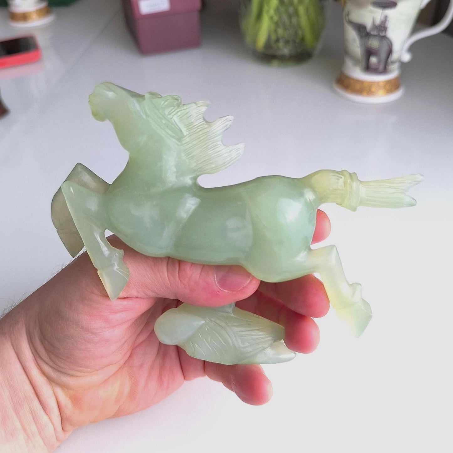 Handmade Light Green Jade Galloping Horse Statue on Bird Base, 1970