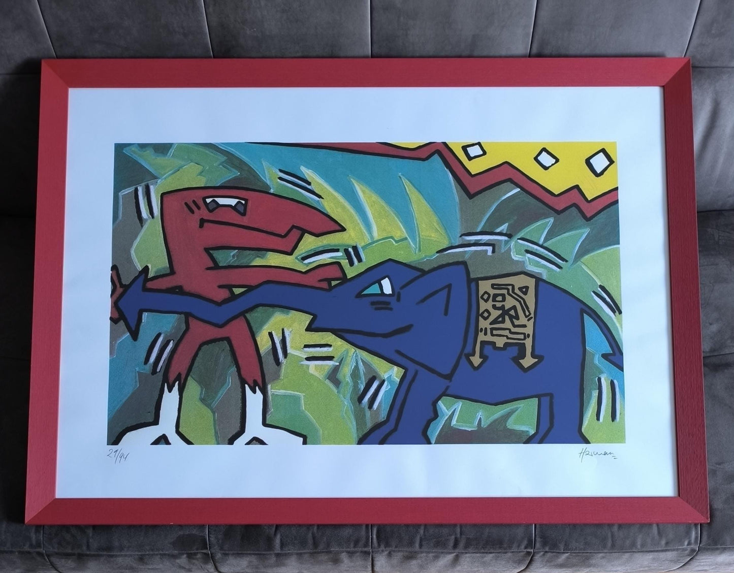 M. F. Husain Lithograph: "Blue Elephant and Red Figure", Signed & Framed