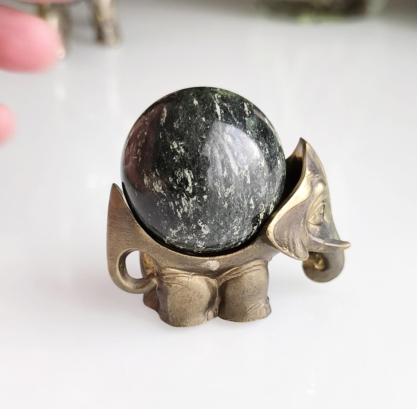 Small Bronze Asian Elephant Statue with Esoteric Black Stone, 1980s