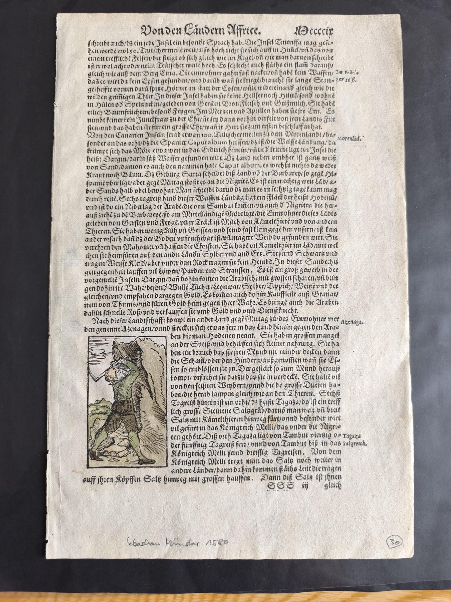 Woodcut Page from Münster’s Cosmographia, Double-Sided, ca. 1580
