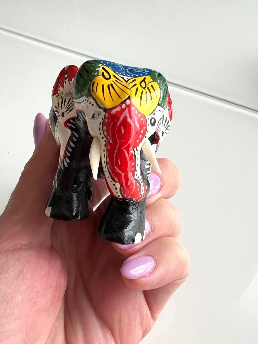 Hand Painted Wooden Elephant Figurine Ornament 1980s