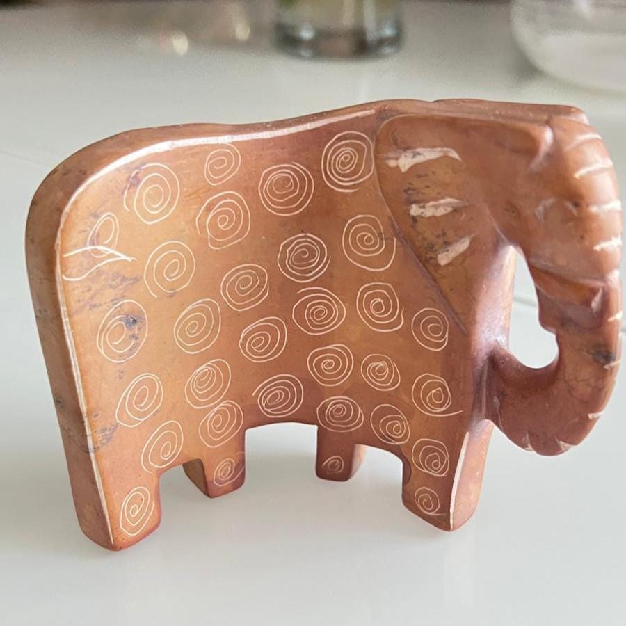 Brown Stone Elephant Carved Figurine Handcrafted 1980s