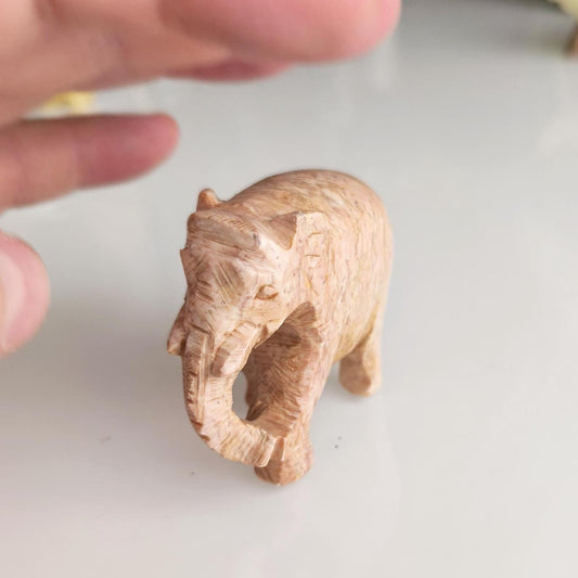 Handmade Small Light Brown Soapstone Elephant Statue with Lowered Trunk, 2000s