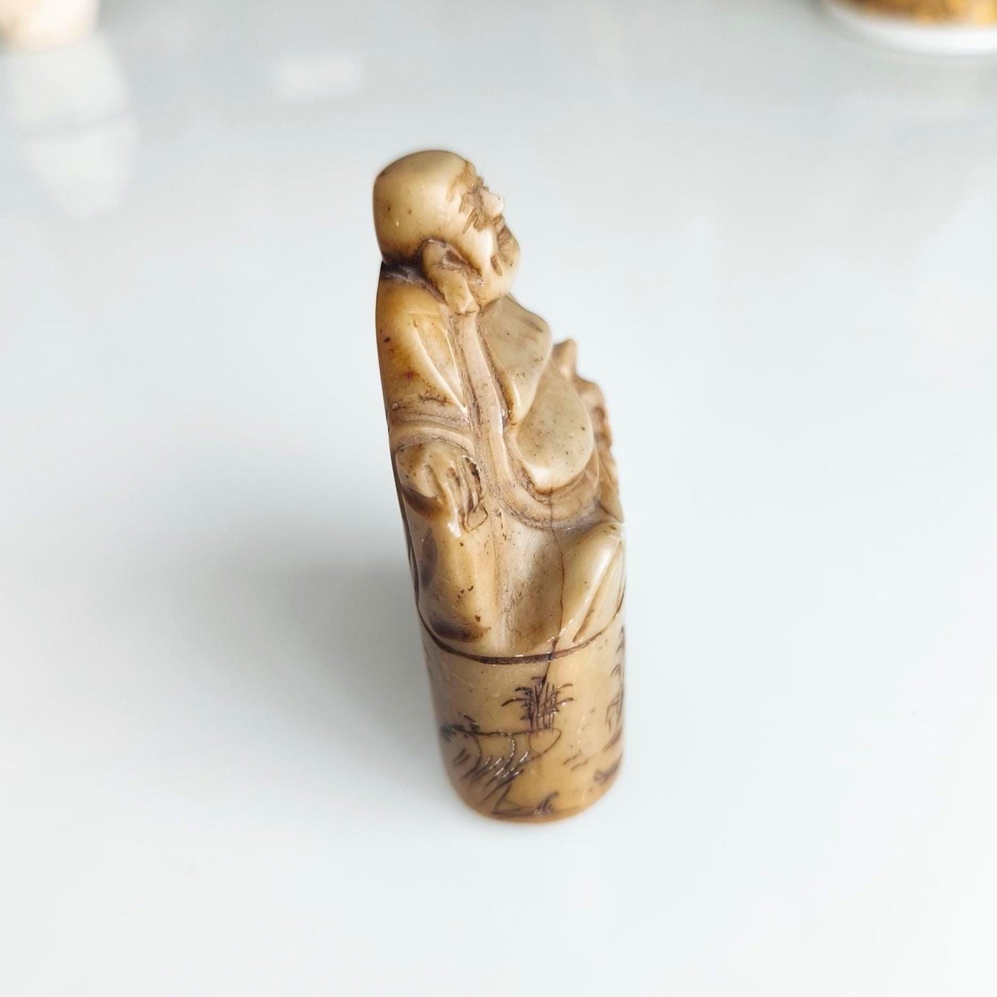 Handmade Brown Stone Sitting Budha Figure Stamp with Dragon and Phoenix, 1970