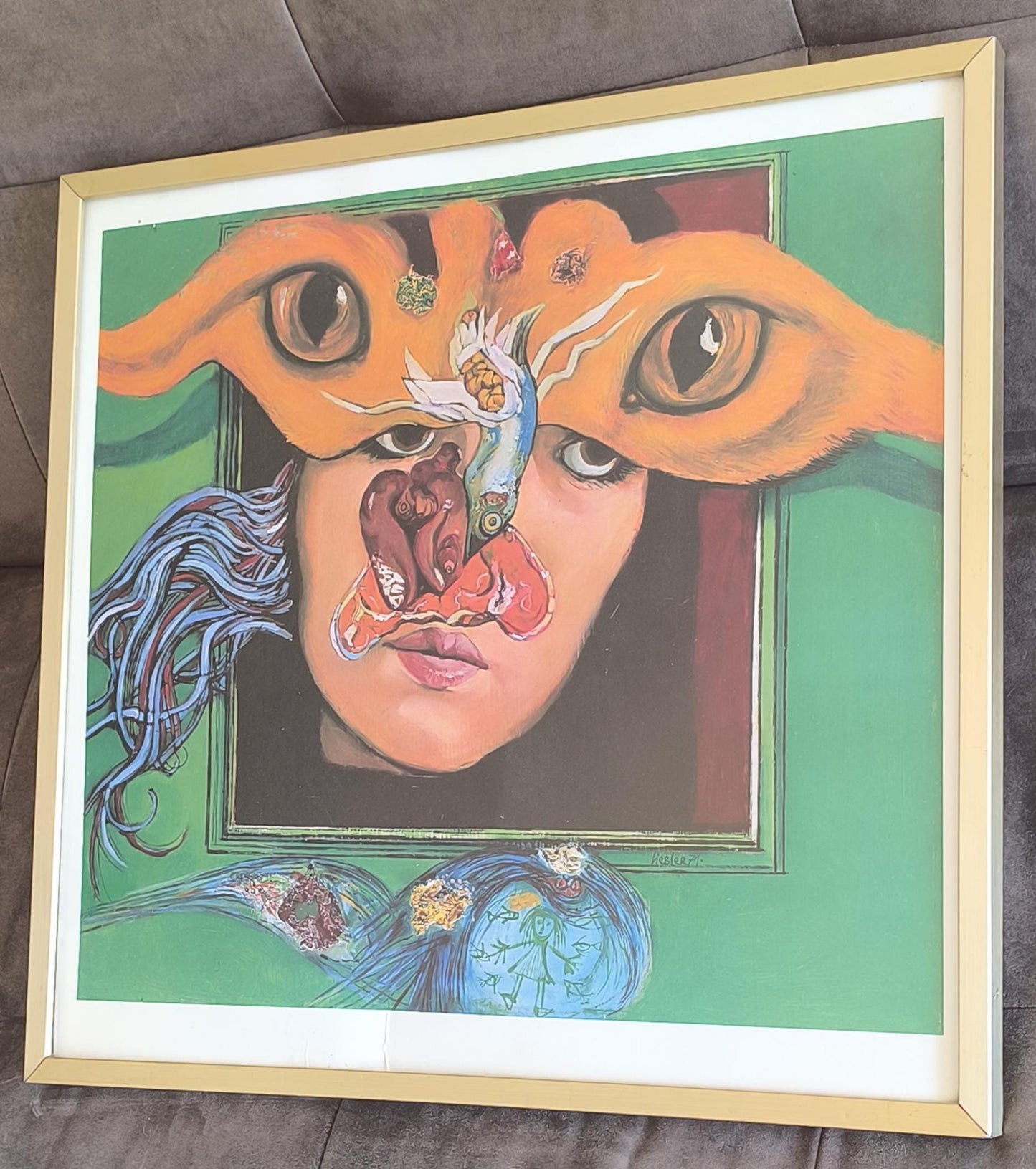 Surreal Etching by Josef Liesler, Face and Eyes, Signed 1971, Framed