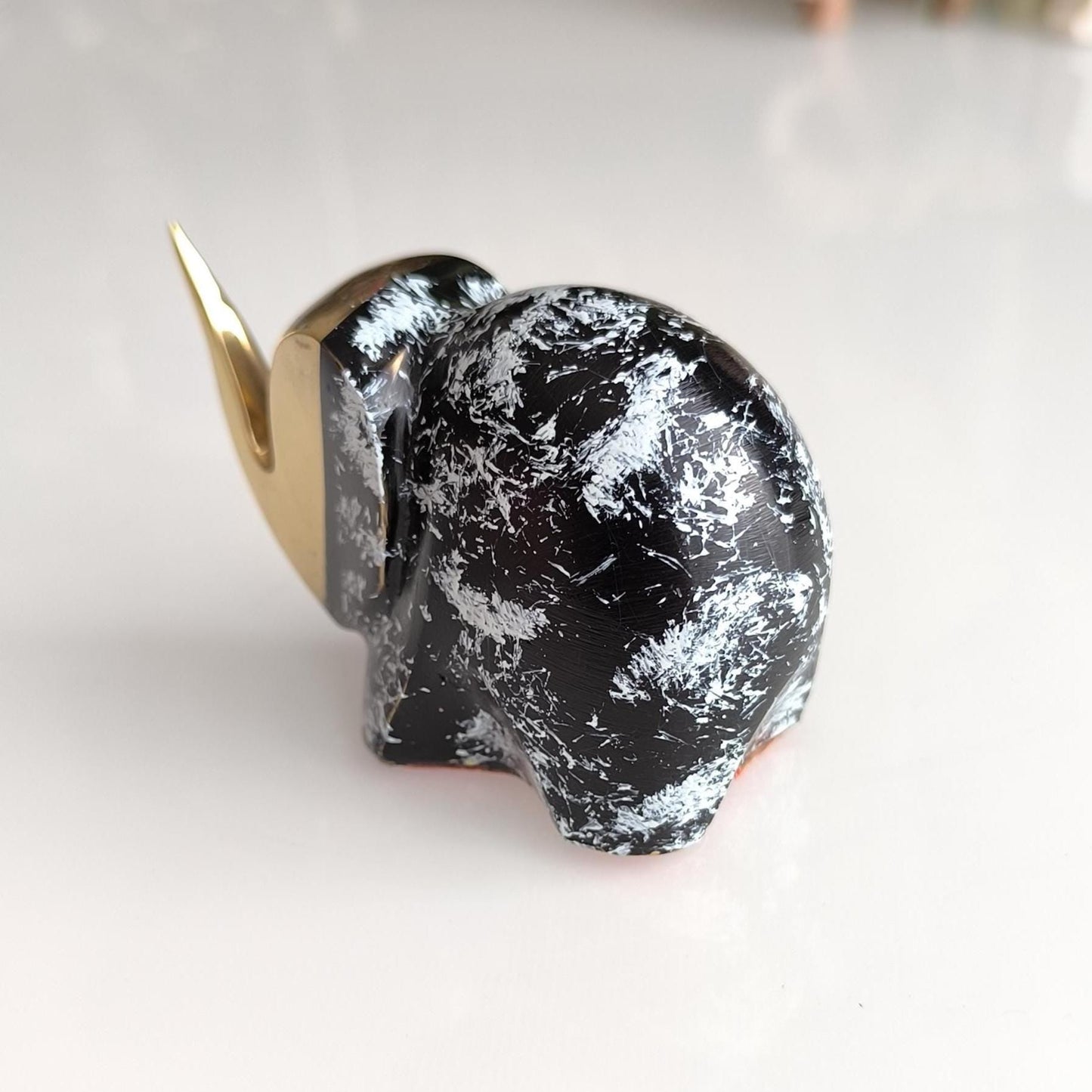 Handmade Small Black Elephant Statue with White Accents and Gold Head, 1980s