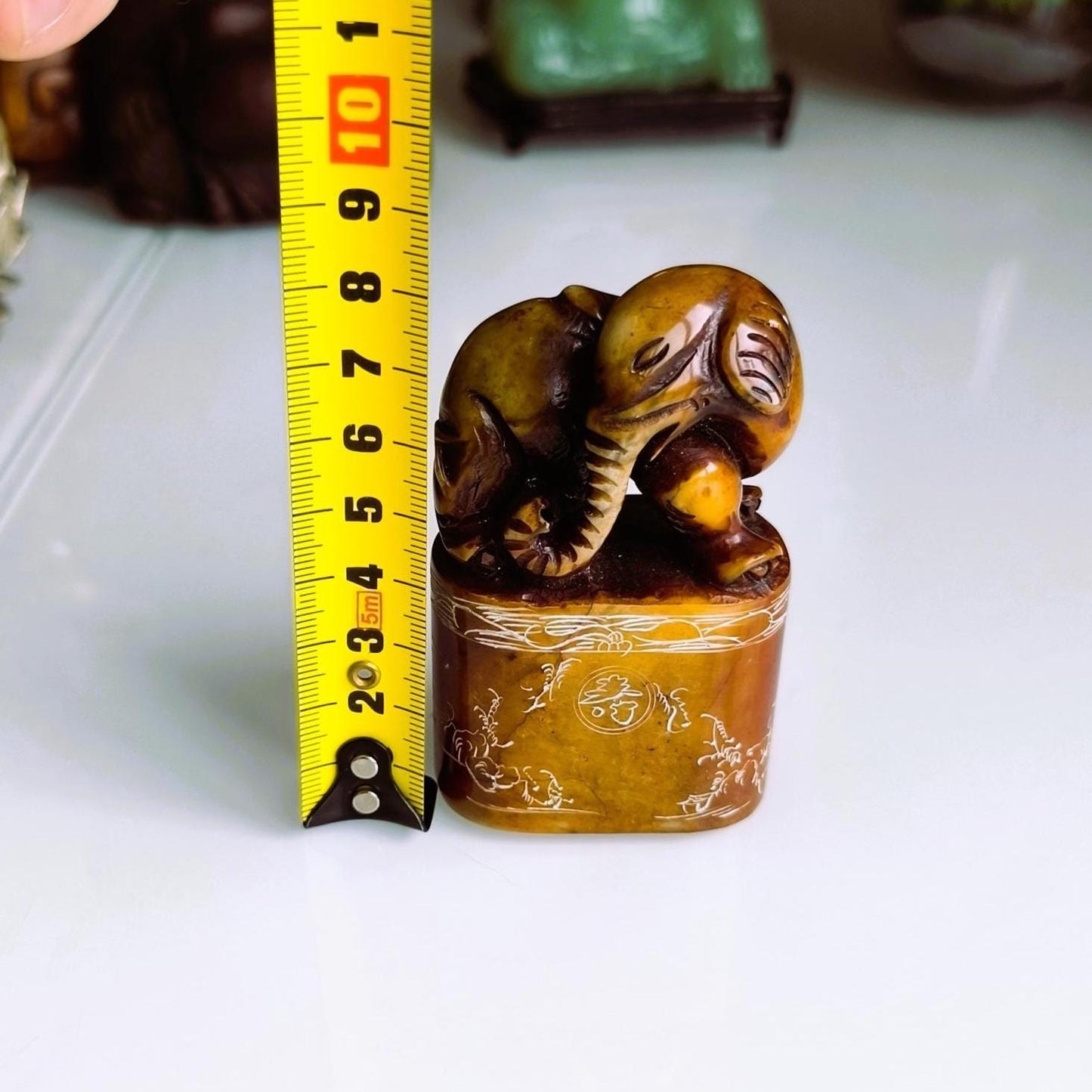 Brown Stone Elephant Stamp on Raised Stand with Carvings, Handmade 1960s