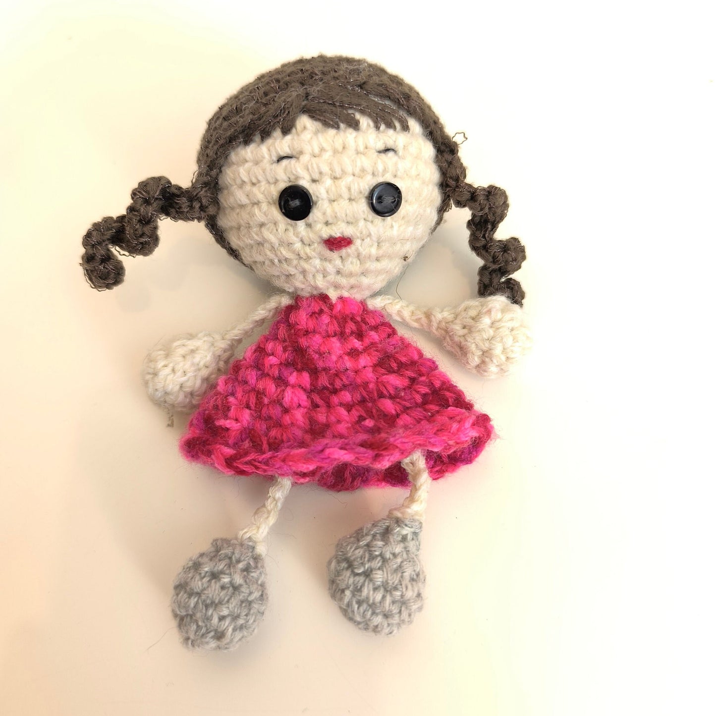 Handmade Knitted Doll, Girl with Dark Hair, Red Dress, Gray Shoes, Collectible Doll