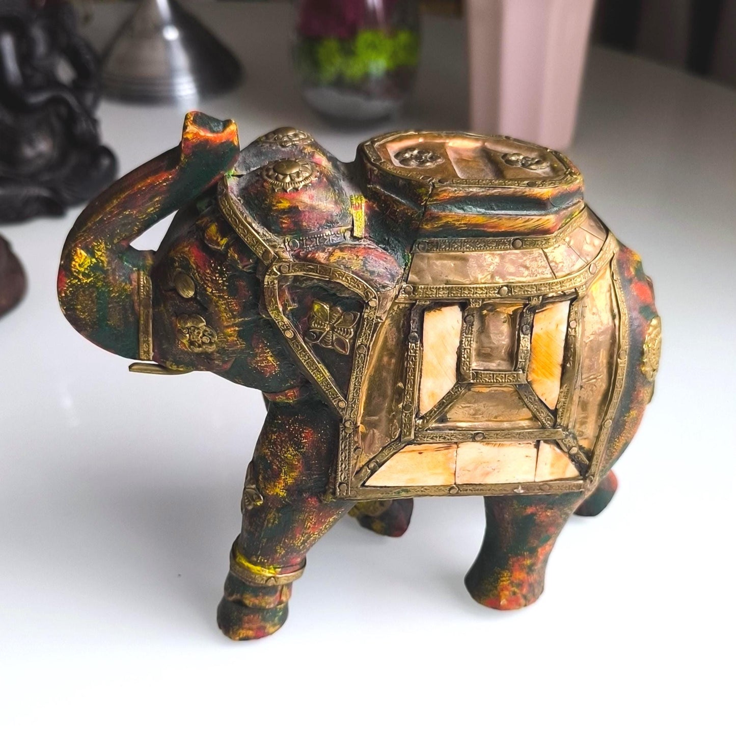 Handmade Wooden Elephant with Metal and Stone Inlay, Trunk Up 1970