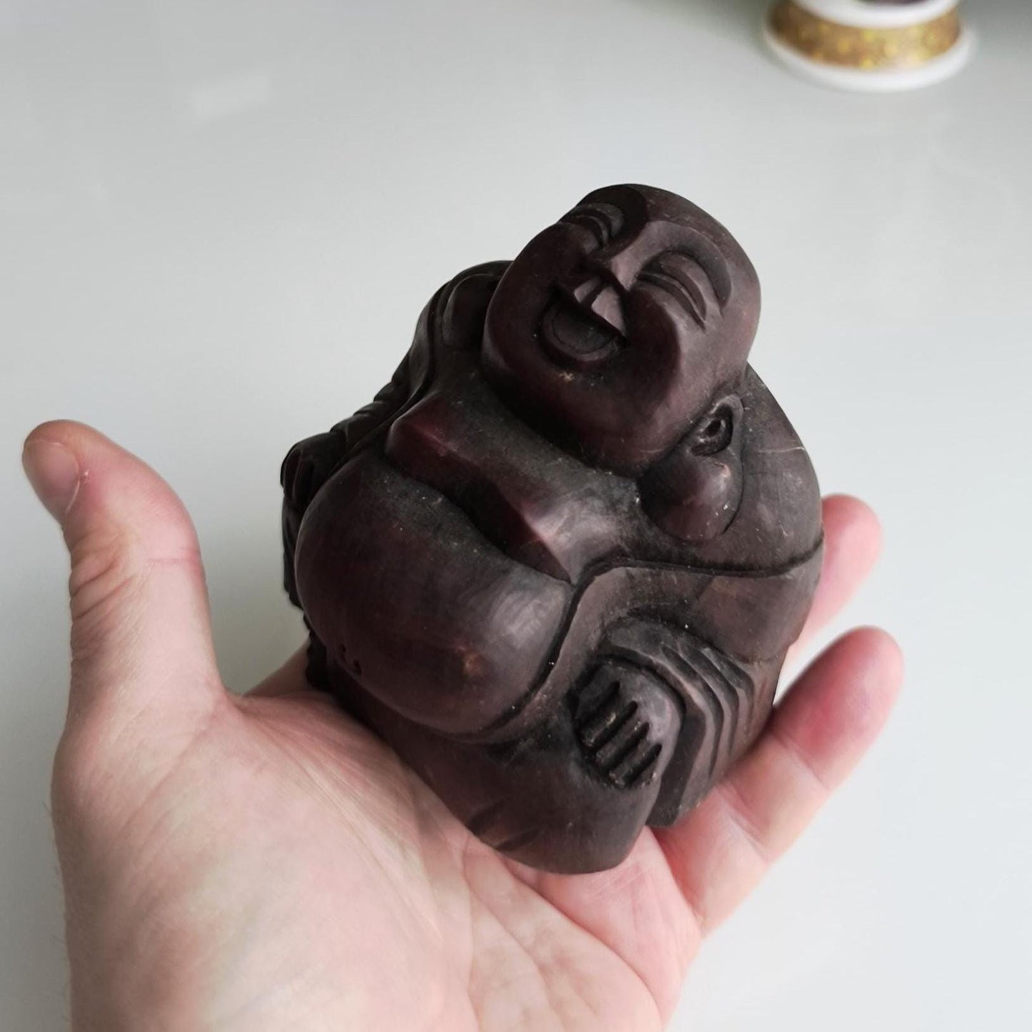 1970 Handmade Wooden Painted Brown Carved Sitting Buddha
