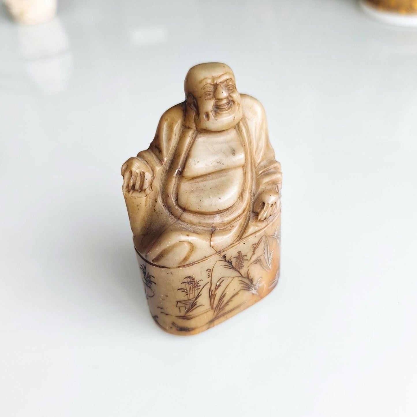 Handmade Brown Stone Sitting Budha Figure Stamp with Dragon and Phoenix, 1970