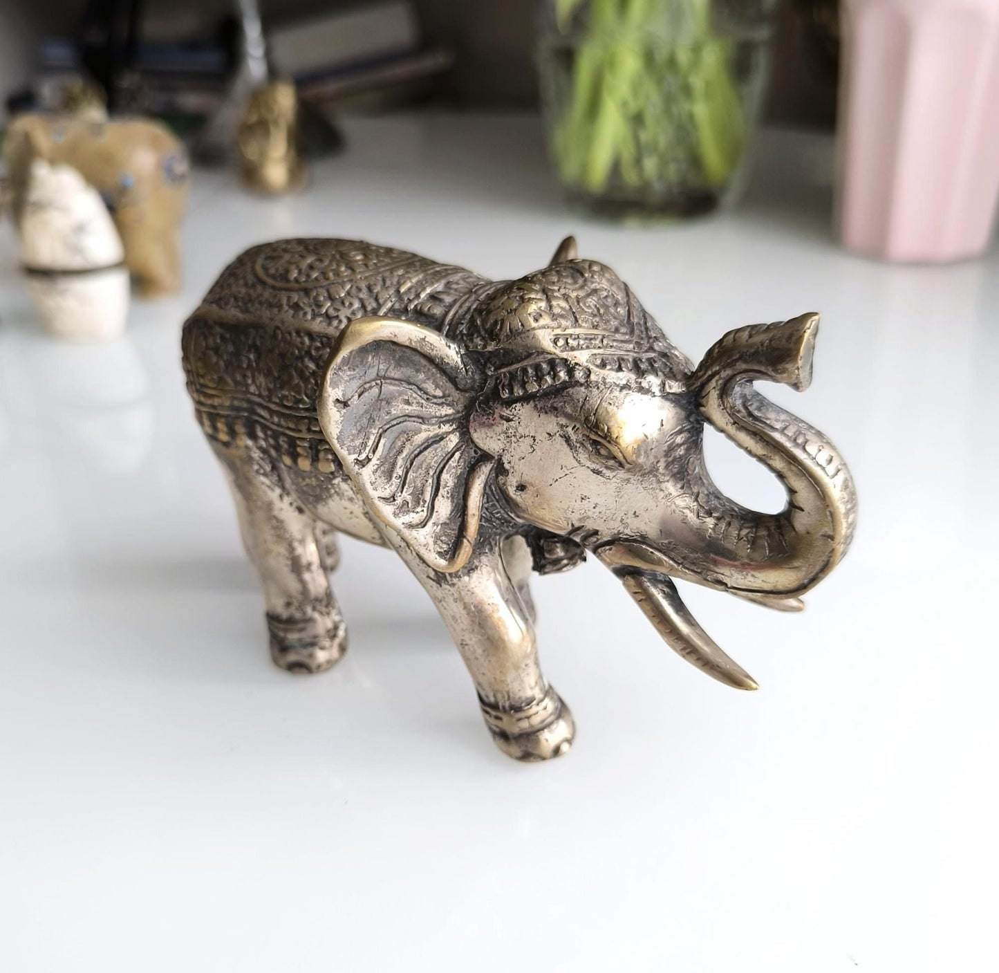Bronze Asian Elephant Figurine with Silver Highlights, 1980s