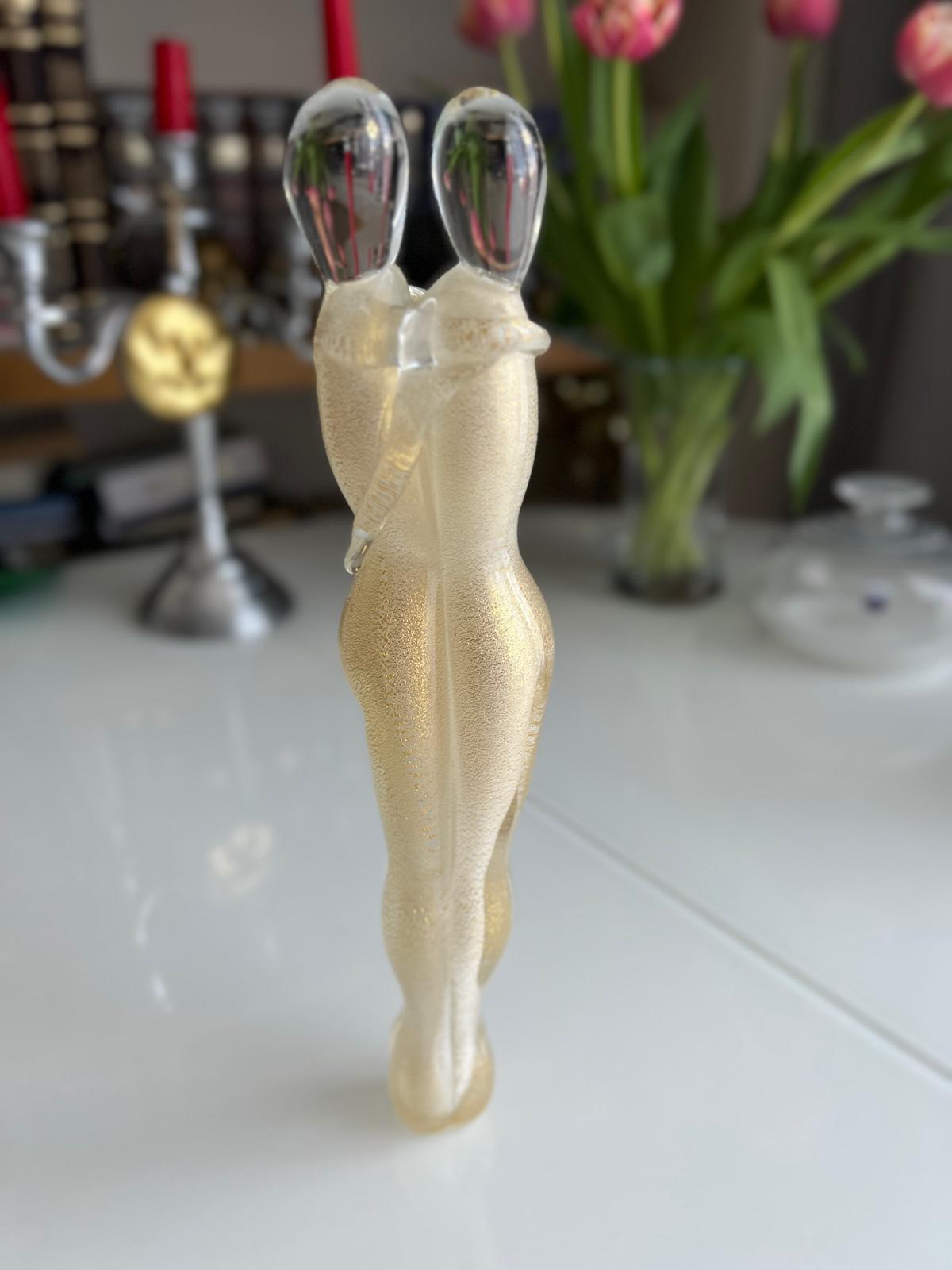 Murano Glass Sculpture "The Lovers", Gold Leaf Italy 1980