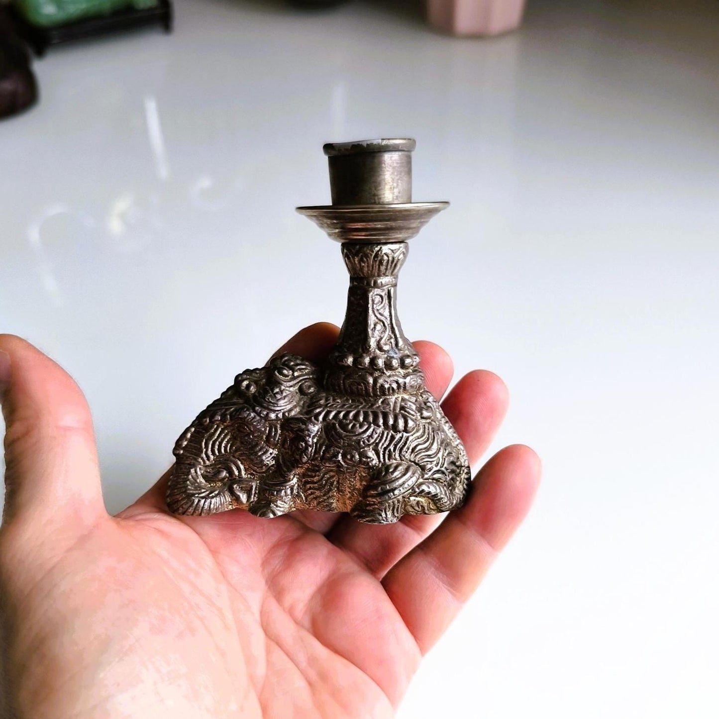 Silver Tone Elephant figurine Candle Holder, Handmade Pewter candlestick 1970s