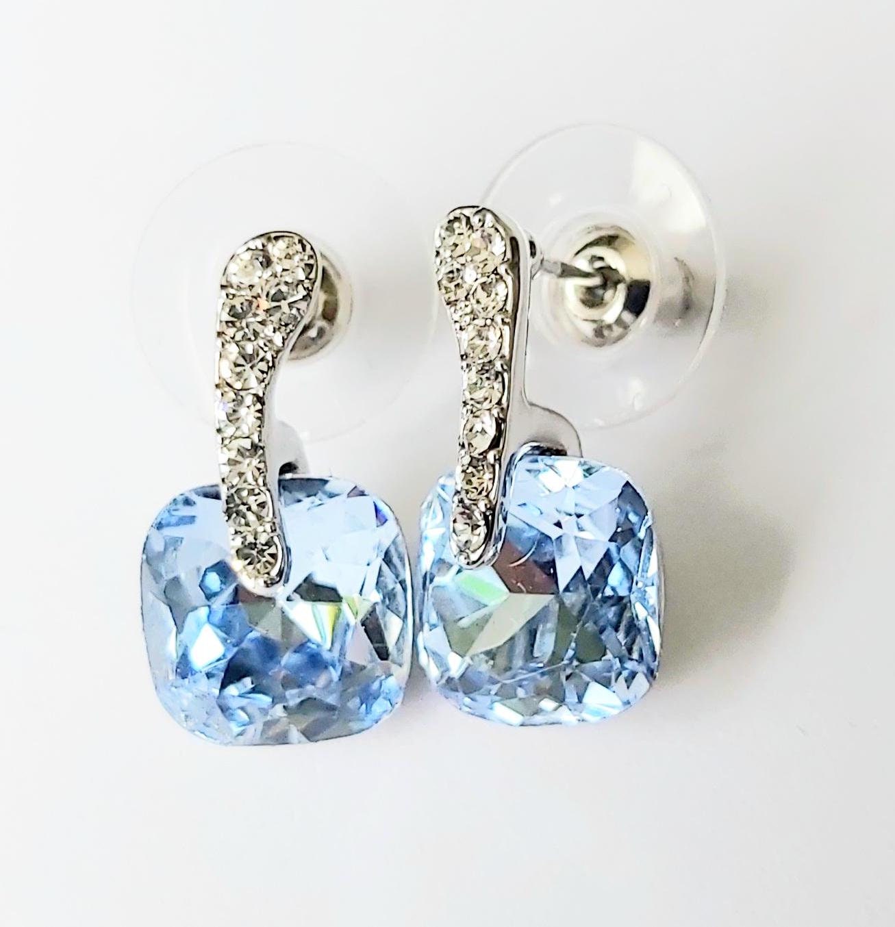 Pair of Vintage 14K Gold-Plated Stud Earrings 2000s, Diamond & Blue Topaz Imitation