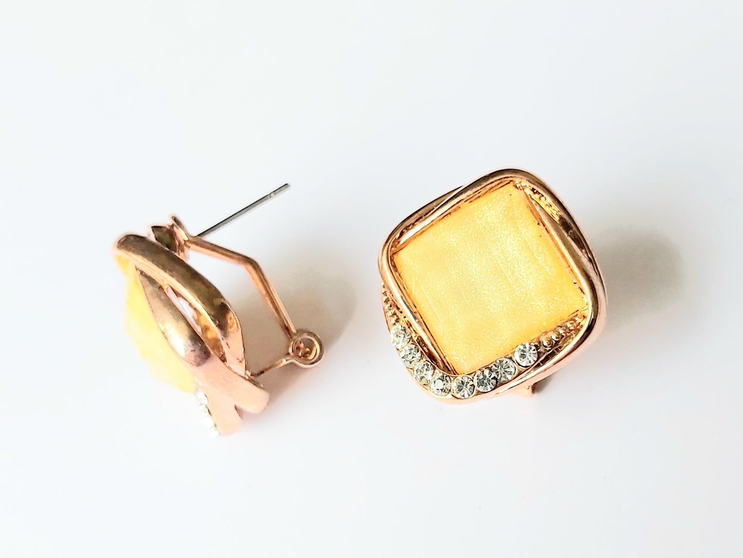 2000s 14K Gold-Plated Vintage Stud Earrings with Large Yellow Square Crystal & Small Diamond Accents