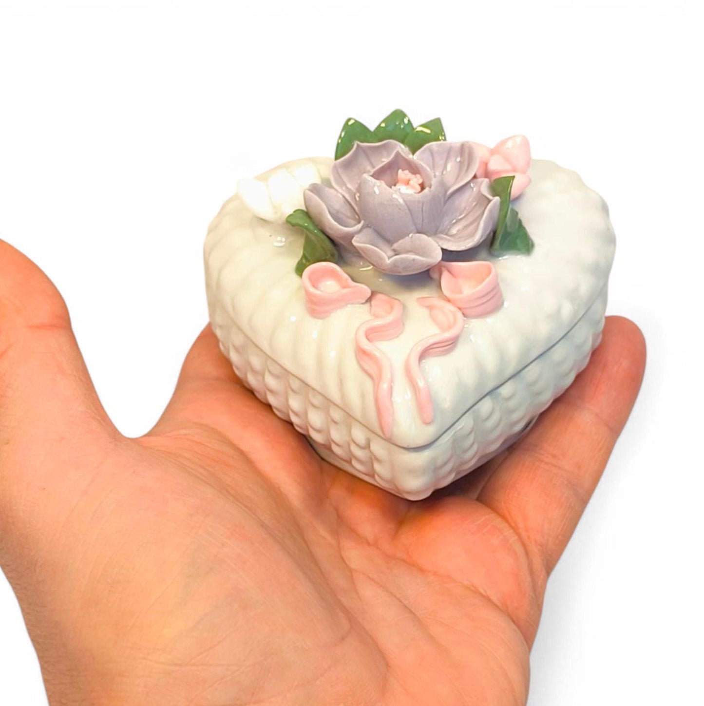 White Porcelain Heart-Shaped Trinket Jewelry Box with Flower, 1980s