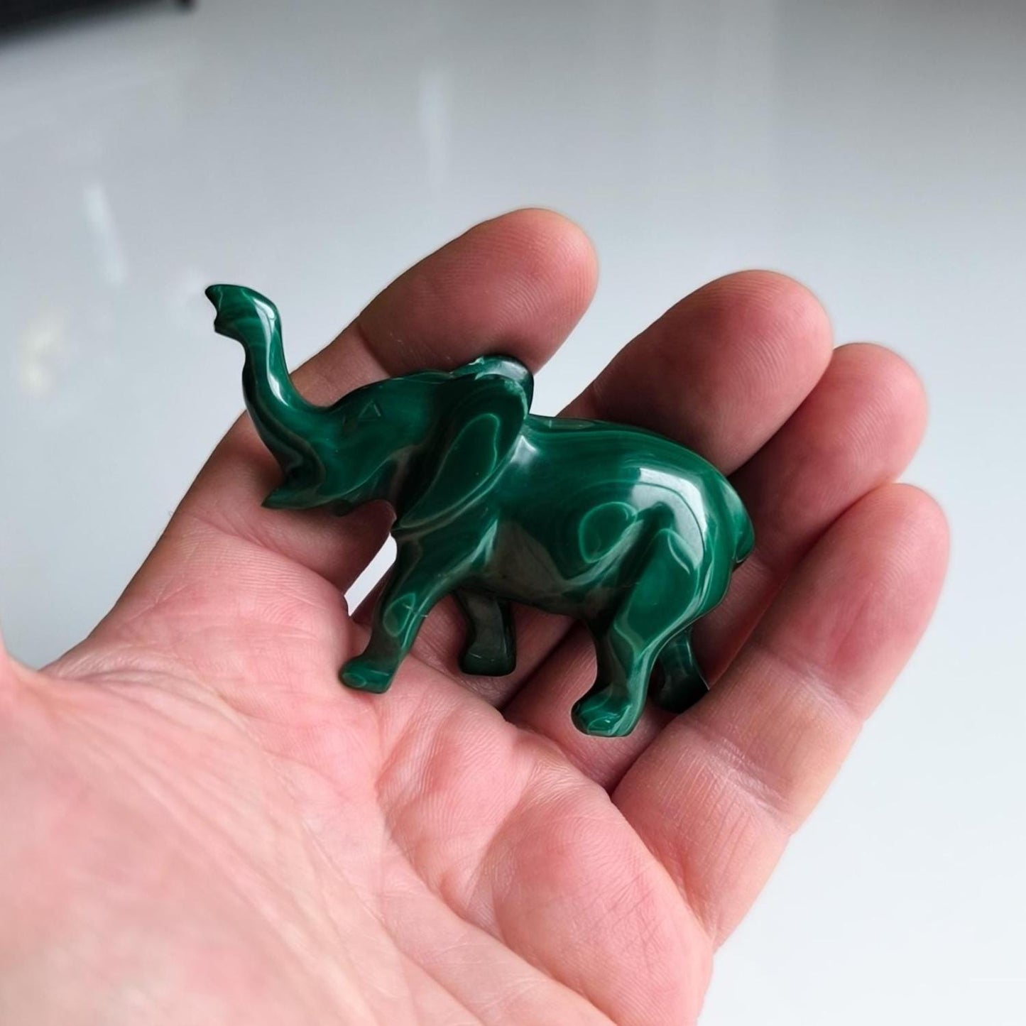 Small green malachite elephant figurine, handmade 1980s