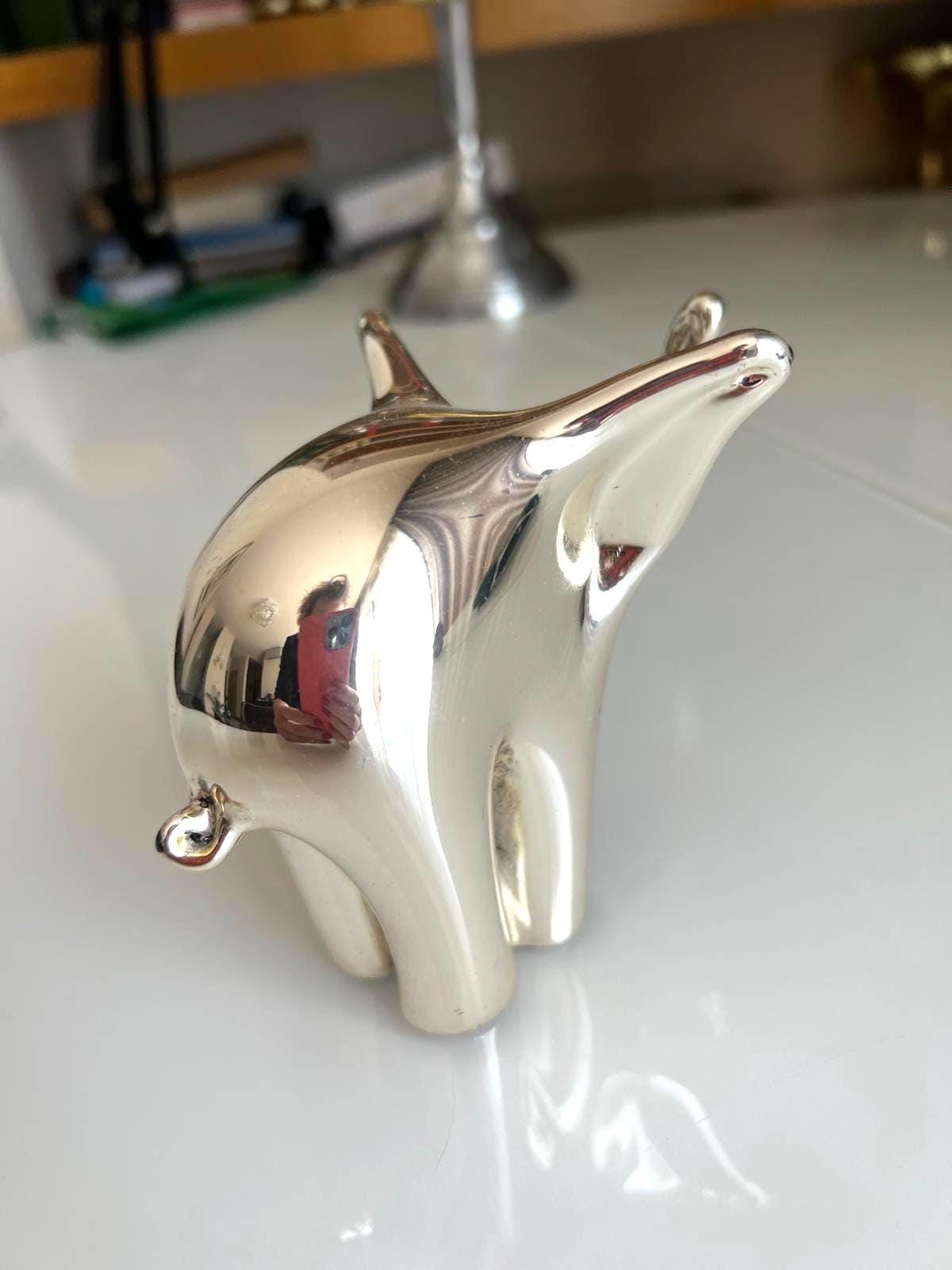 Chrome Ceramic Elephant Statue Modern 1970s Decor