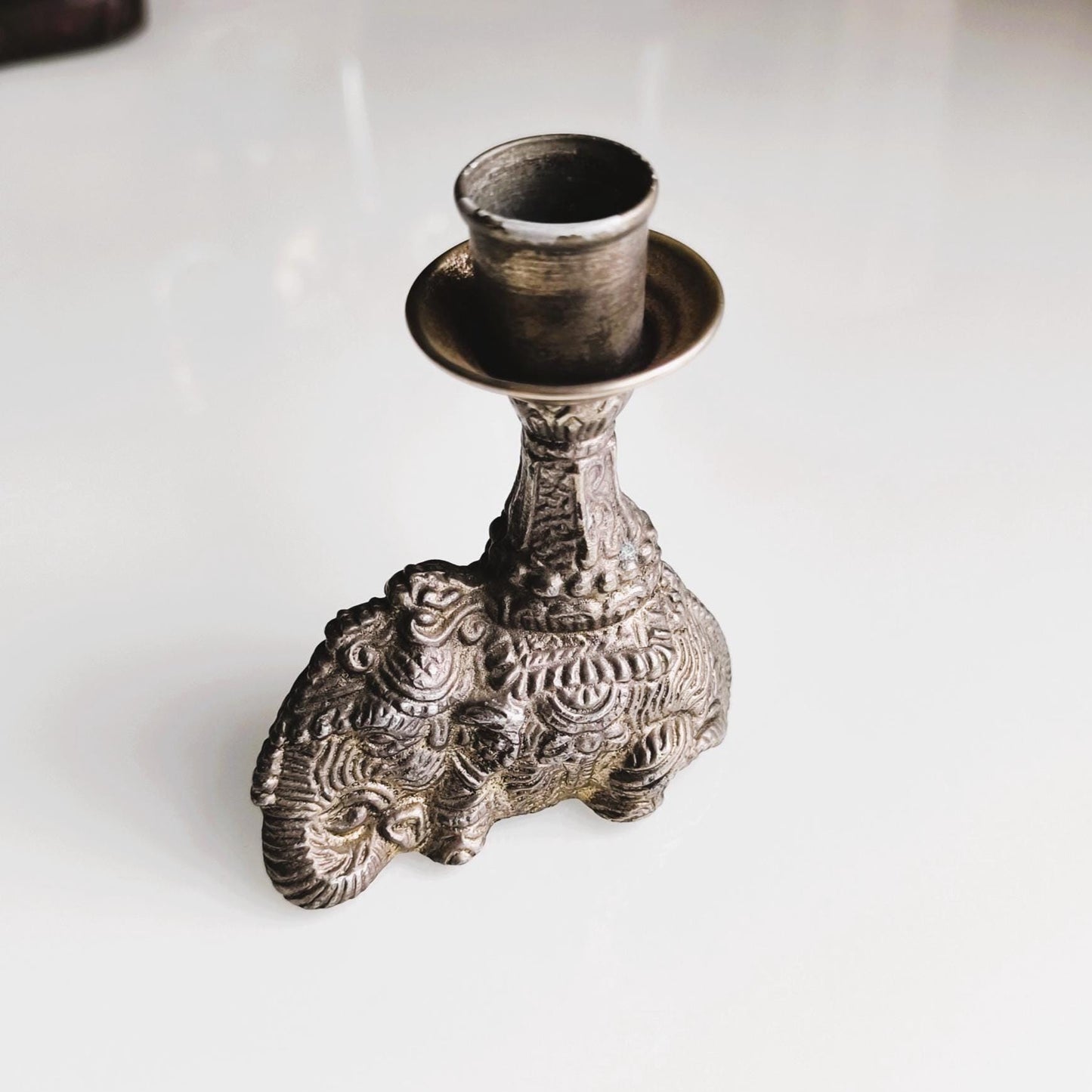 Silver Tone Elephant figurine Candle Holder, Handmade Pewter candlestick 1970s