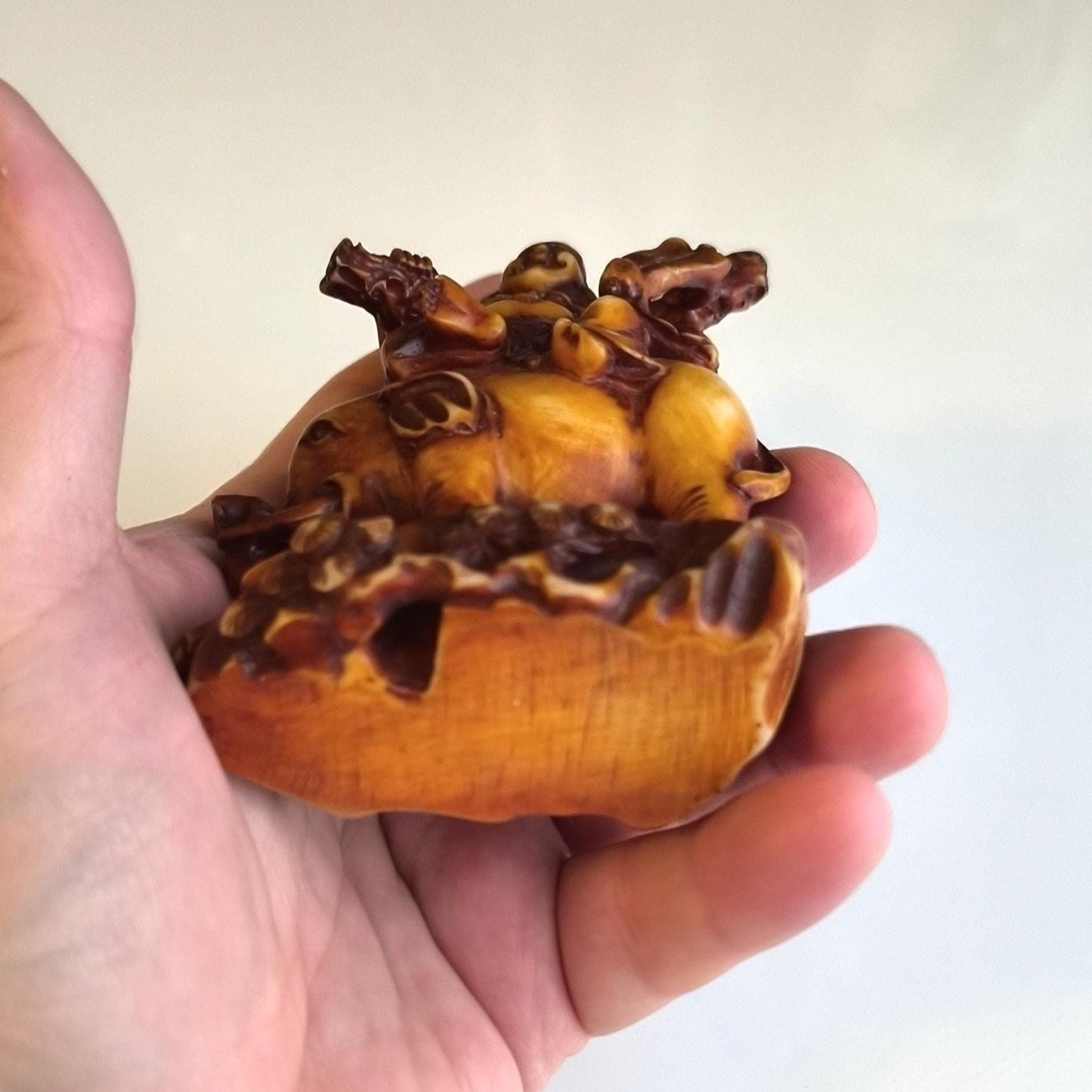 Sitting Buddha on Elephant Statue, Brown Resin 1970s