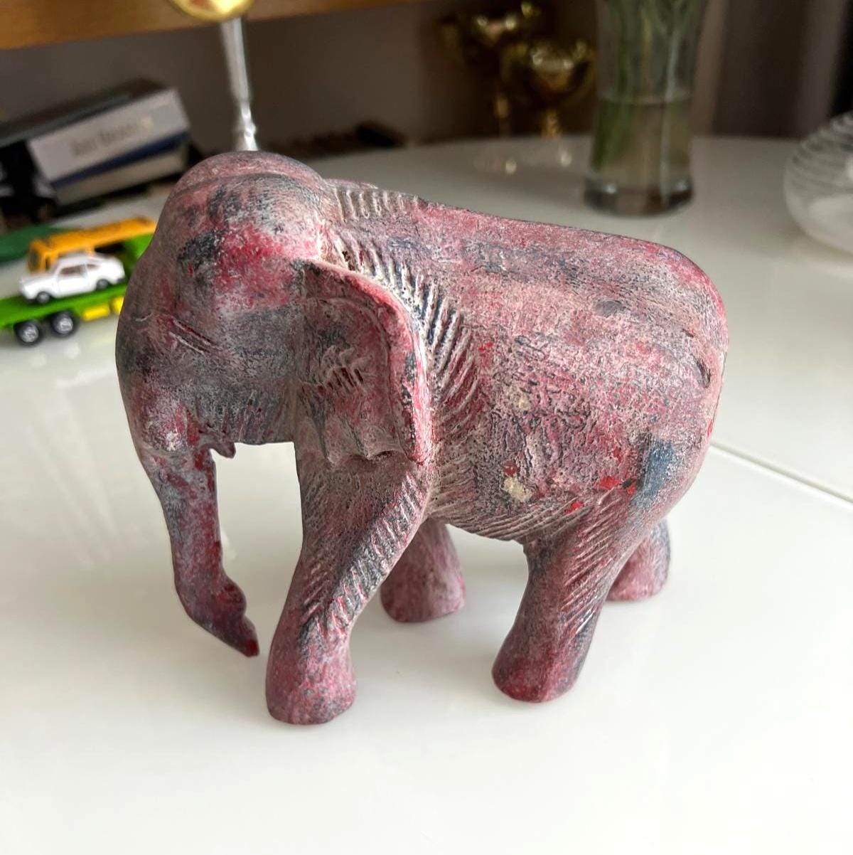 Carved Wooden Elephant Figurine Red Finish 1970s